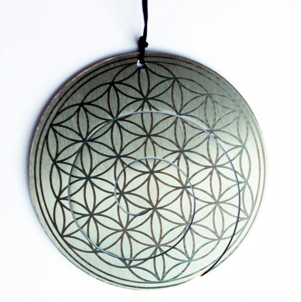 EarGong - Ohrgong, Ø 8,3 cm, Edelstahl mit Gravour Blume des Lebens und Spirale eingefräst,