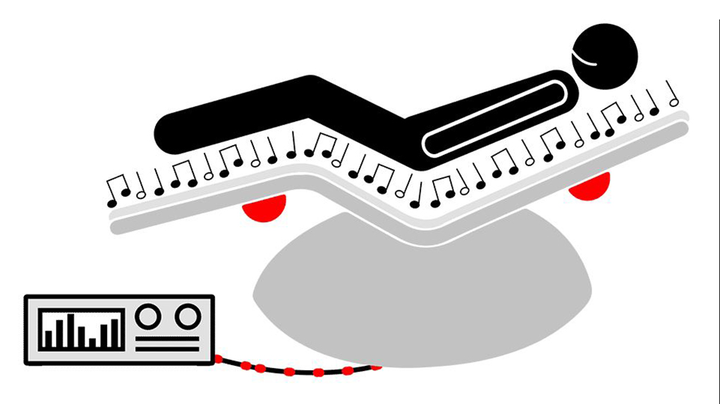Musikresonanzliege Klangwoge Balance, Modell: VARIO, Wechselbezug mit Textilkunstleder