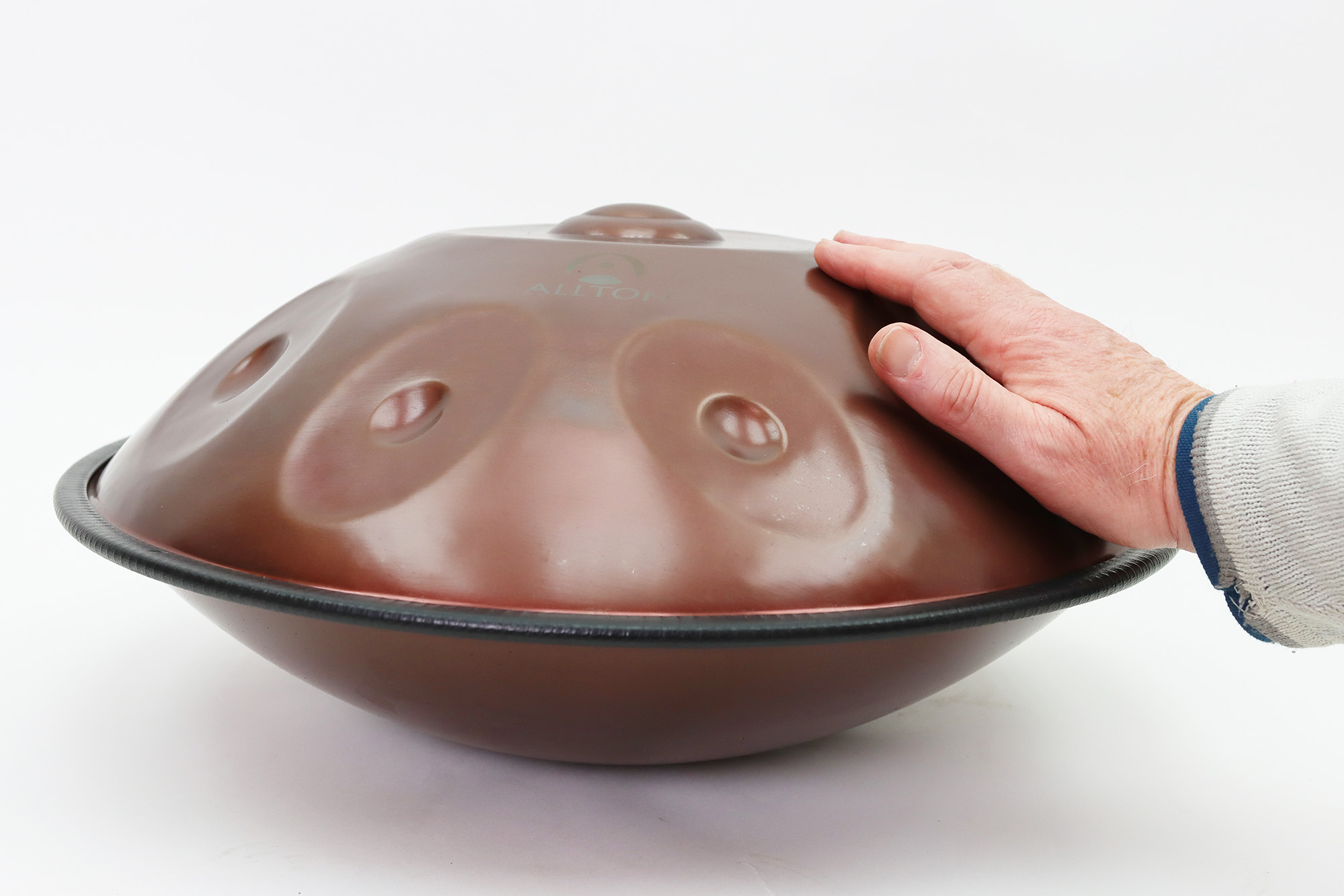 Mini Handpan, Ø 43 cm, Edelstahl, F-Kurd-Skala, 9 Töne, 440 Hz, Bronze-optik
