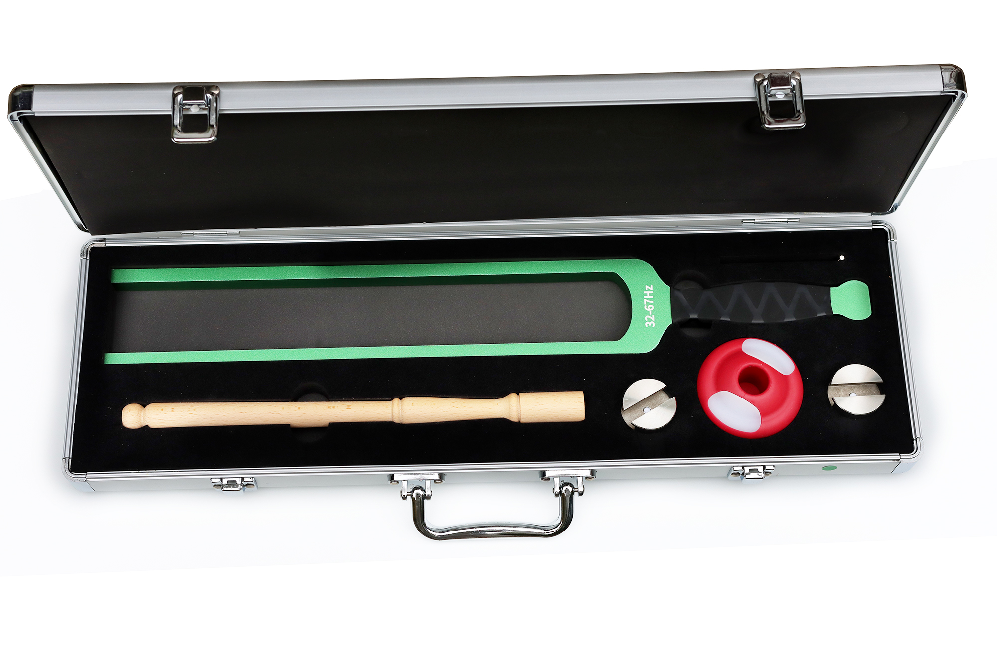 Stimmgabel XXL, Alu, grün, mit Klöppel, Gewichten und Koffer, Einstellbar zwischen 32 - 67 Hz