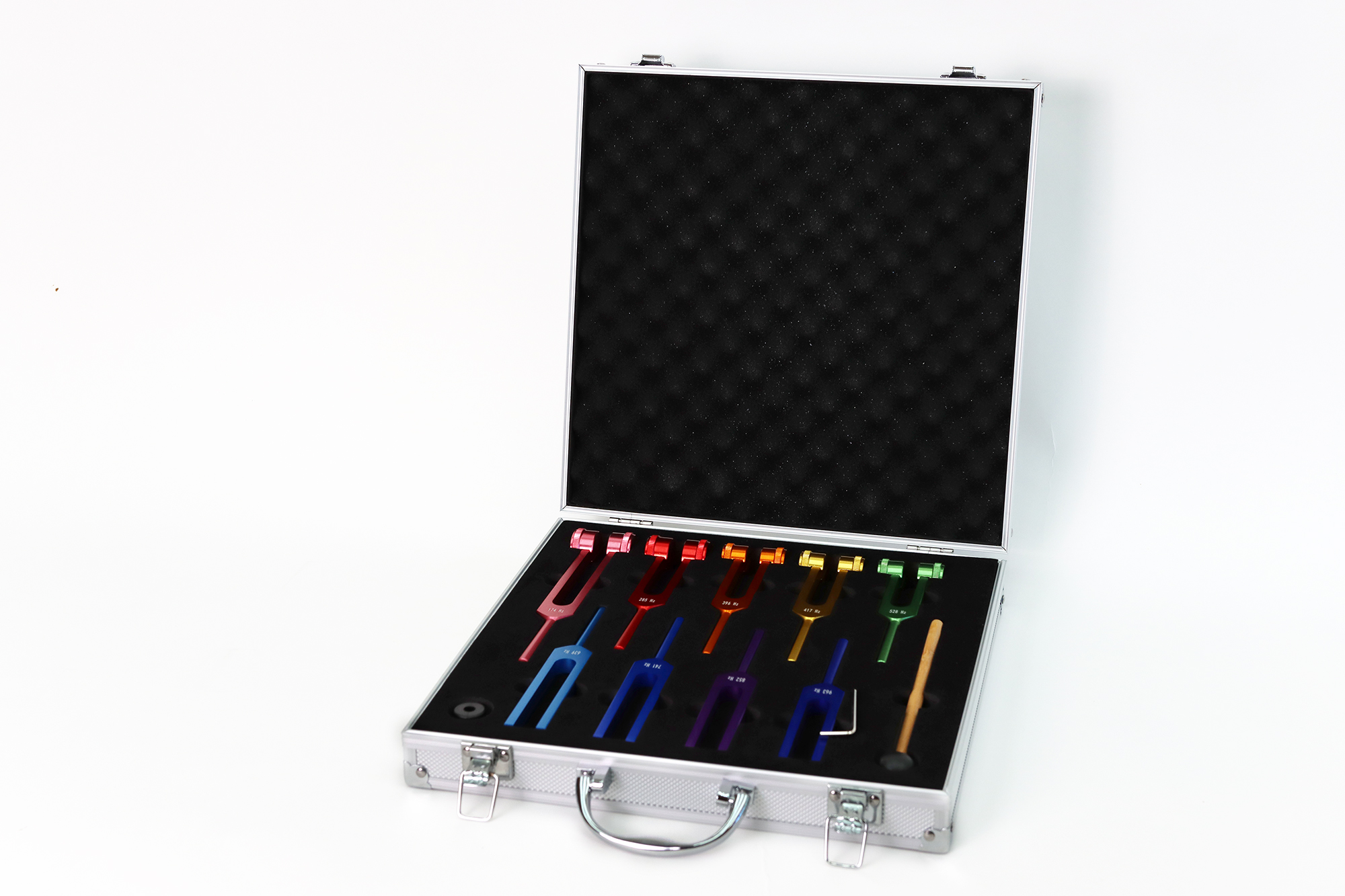 Stimmgabel Set M01, 9 Alu-Stimmgabeln, nach Chacra-Farben, inkl. Klöppel und Koffer