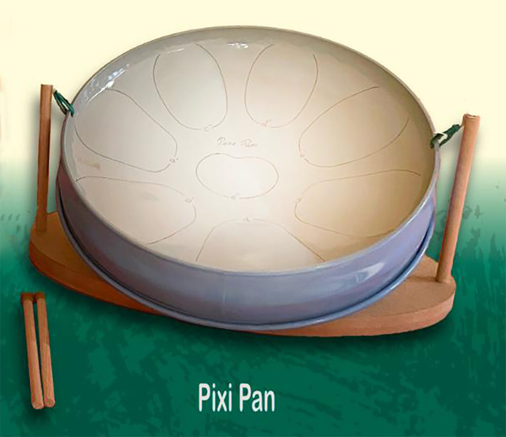 Pixie-Pan, kleine Steeldrum, ECS, G-Dur,  Ø 35 cm, 8 Töne d',e',g',a',h',c",d",e", Spielanleitung